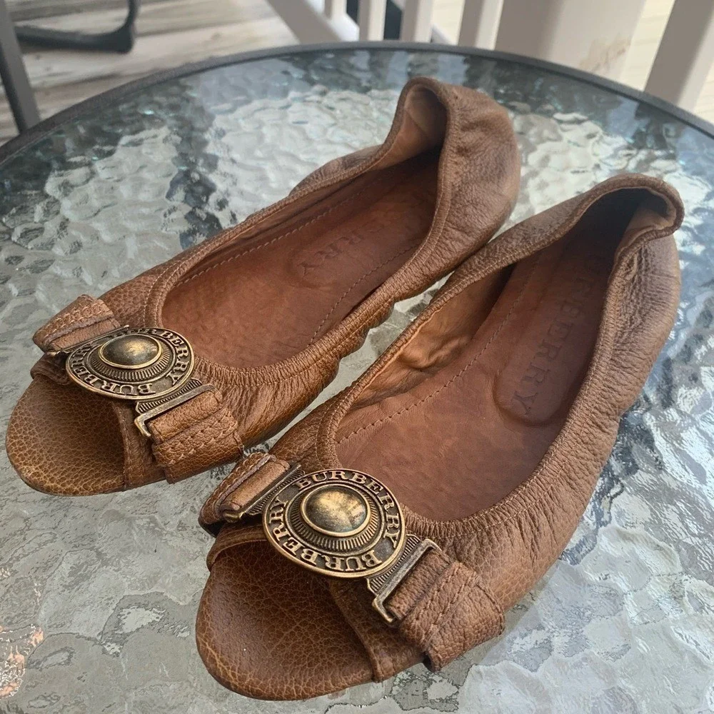 Burberry luxury‎ Leather Medallion Peep Toe flats loafers vintage shoes